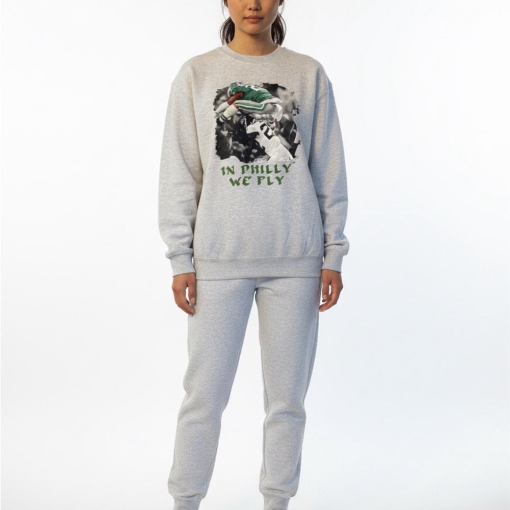 Gildan Gray Crewneck Sweater with Saquon FLY Green w/ left wrist patch